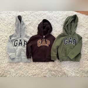 GAP Full Zip Hoodies in Olive, Chocolate, and Heather Gray